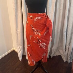 Mango Rust-Orange Sarong Wrap Skirt with White Leaf Print